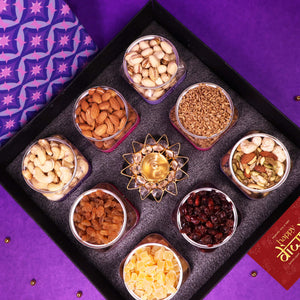 Gala Premium Dry Fruit Diwali Gift Box - Pack of 8 snacks, 1 Brass Diya