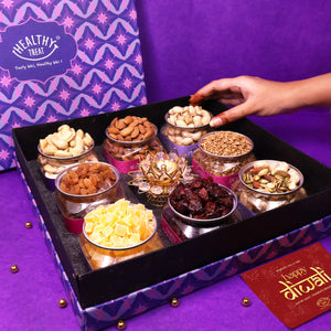 Gala Premium Dry Fruit Diwali Gift Box - Pack of 8 snacks, 1 Brass Diya