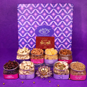 Gala Premium Dry Fruit Diwali Gift Box - Pack of 8 snacks, 1 Brass Diya