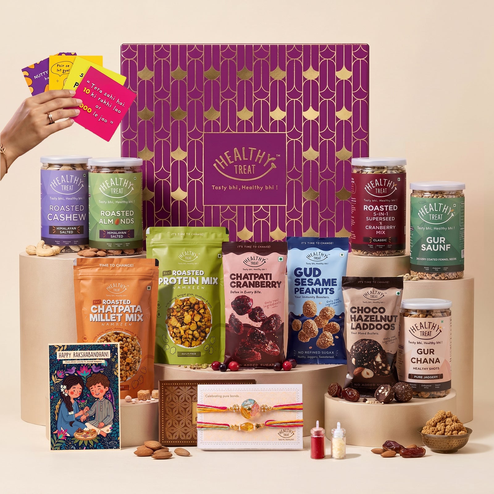 Magic Box Rakhi Hamper for Brother with Dry Fruits, 18 Items | Rakhi Pair, Roli Chawal, Almonds, Cashews, Seed Mix, Gud Chana, Gud Saunf, Sesame Peanut, Chocolate Laddoo, Raksha Bandhan