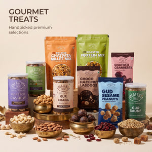 Magic Box Rakhi Hamper for Brother with Dry Fruits, 18 Items | Rakhi Pair, Roli Chawal, Almonds, Cashews, Seed Mix, Gud Chana, Gud Saunf, Sesame Peanut, Chocolate Laddoo, Raksha Bandhan
