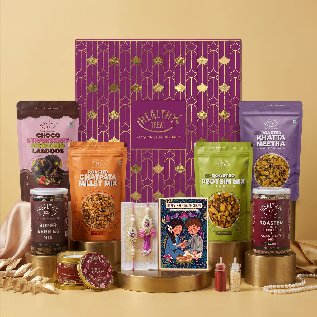 Pavitra Rishta Bhaiya Bhabhi Rakhi Gift Hamper | Premium Raksha Bandhan Gift Box with Roasted Almonds, Cashews, & Healthy Snacks, Designer Bhaiya Bhabhi Rakhi Pair, Roli Chawal