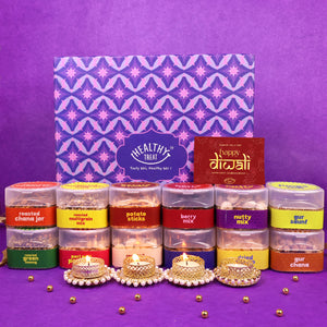 Super Snacker Premium Diwali Gift Box Hamper - Pack of 12 snacks, 4 diyas