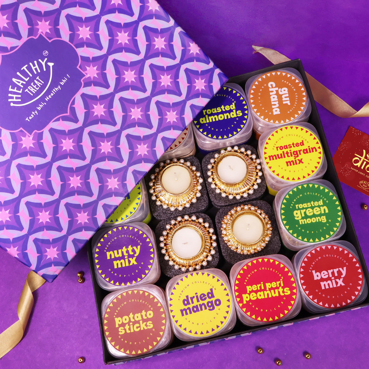 Super Snacker Premium Diwali Gift Box Hamper - Pack of 12 snacks, 4 diyas