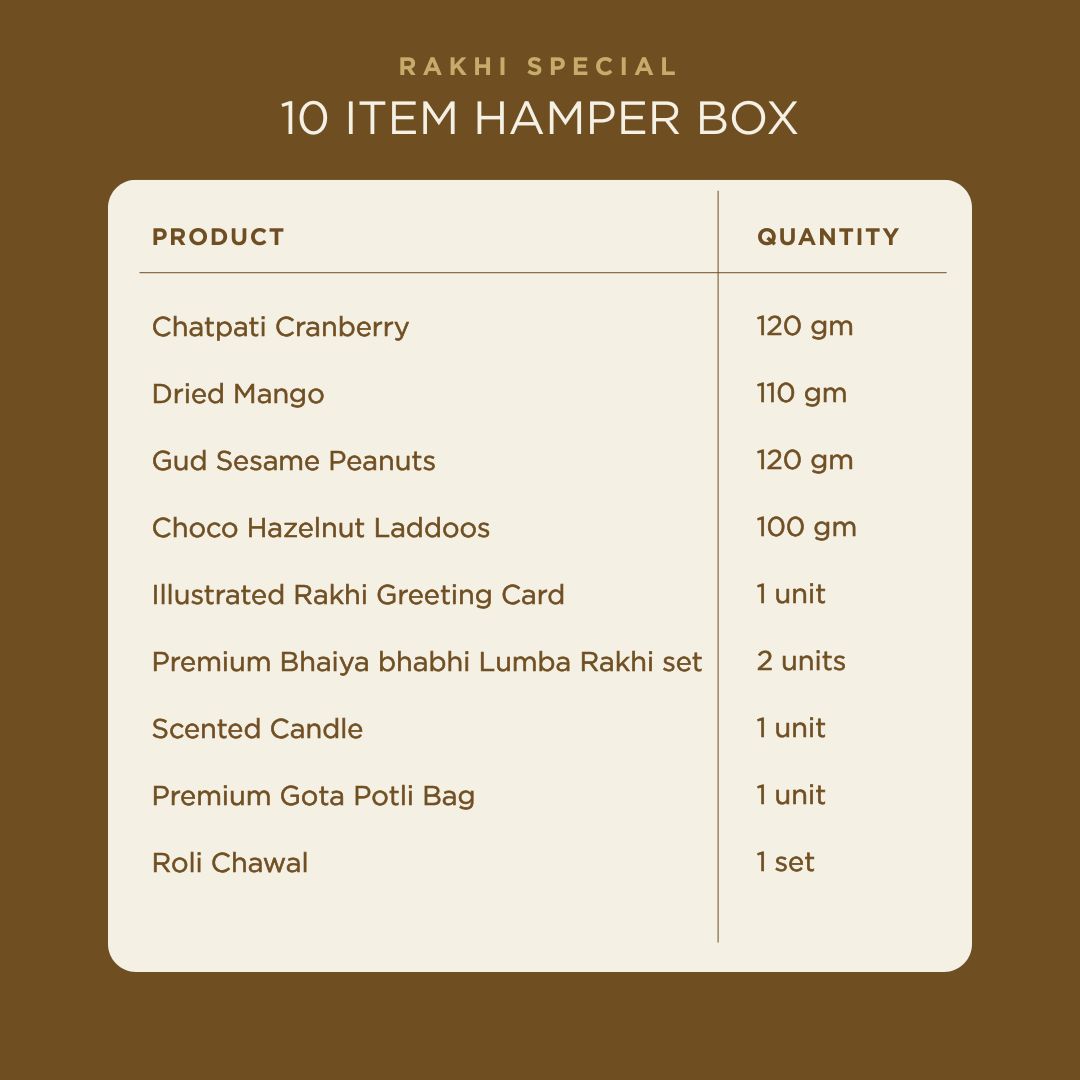 Utsav Rakhi Gift Hamper | Chatpati Cranberry, Dried Mango, Gud Sesame Peanut, Chocolate Hazelnut Laddoo, Scented Candle, Handmade Rakhi Pair, Roli Chawal & Greeting Card