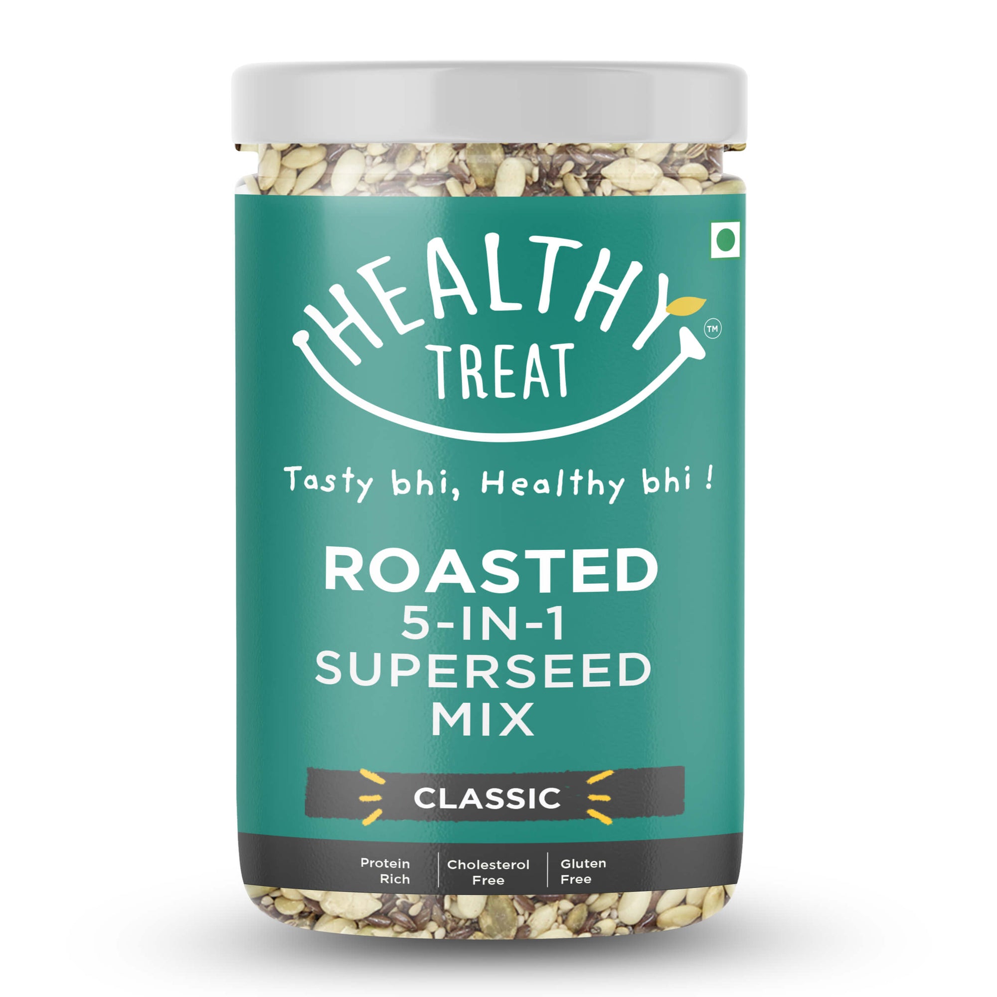 Healthy Treat Roasted 5 in 1 Superseed mix or mixed seeds classic is protein rich and full of nutrients. It's a blend of roasted watermelon seeds, flax seeds, sesame seeds, chia seeds and pumpkin seeds.